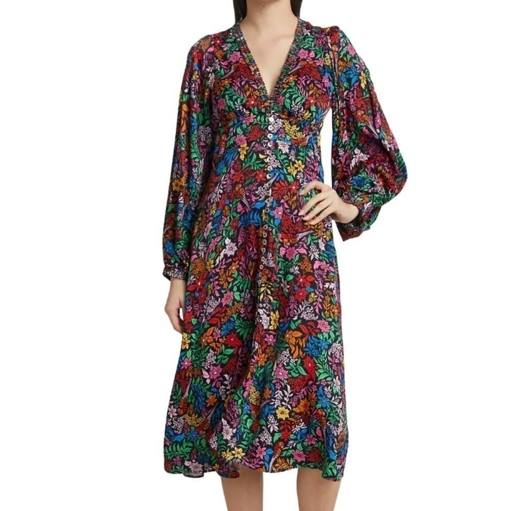 Farm Rio Black Mixed Prints Floral Birds Midi Dress V-Neck Balloon Sleeve Size L - Picture 11 of 16